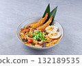 Traditional Japanese ramen with shrimp tempura, boiled egg, and vegetables 132189535