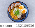 Traditional Japanese Tonkotsu Ramen with Chashu Pork, Eggs, and Vegetables 132189536