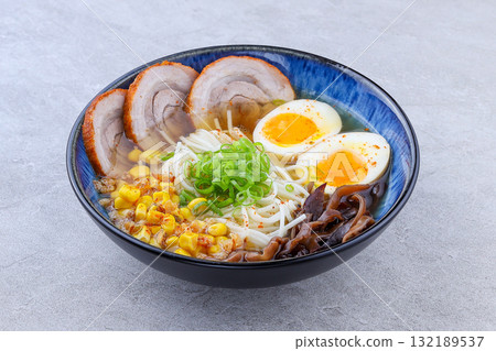 Traditional Japanese Tonkotsu Ramen with Chashu Pork, Eggs, and Vegetables 132189537