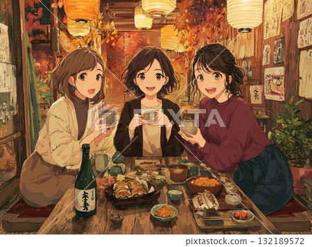 10 illustrations of women enjoying sake at an izakaya 132189572