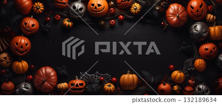 Halloween wooden background with pumpkins. Space for text. Halloween wooden background with pumpkins. Space for text. 132189634