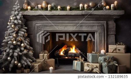 Christmas interior with tree, presents and fireplace. Christmas background. 132189635