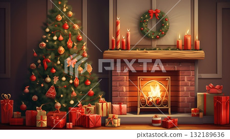 Christmas interior with tree, presents and fireplace. Christmas background. Christmas interior with tree, presents and fireplace. Christmas background. 132189636