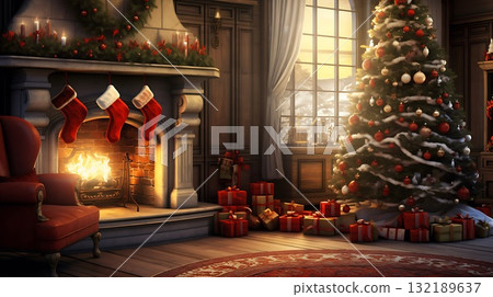 Christmas interior with tree, presents and fireplace. Christmas background. Christmas interior with tree, presents and fireplace. Christmas background. 132189637