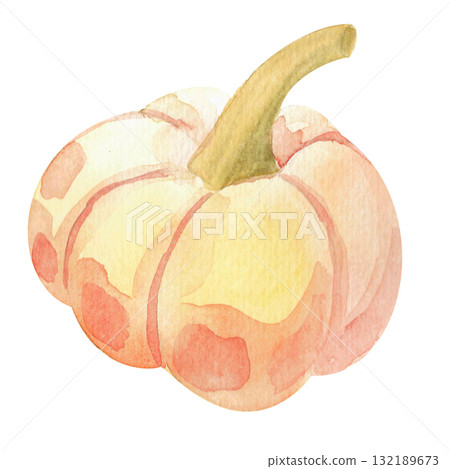 A yellow-orange pumpkin with a stem. This vibrant, rich pumpkin in natural tones is executed in a watercolor style. This illustration is perfect for seasonal merchandise, themed party invitations 132189673