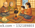 - 一幅溫馨的插圖，描繪了一家人在爐邊取暖 132189803