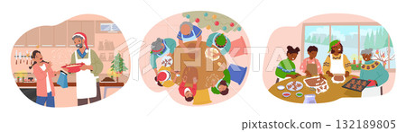 Family happily engaged in Christmas cookies preparation together at home kitchen cartoon scene Family happily engaged in Christmas cookies preparation together at home kitchen cartoon scene 132189805