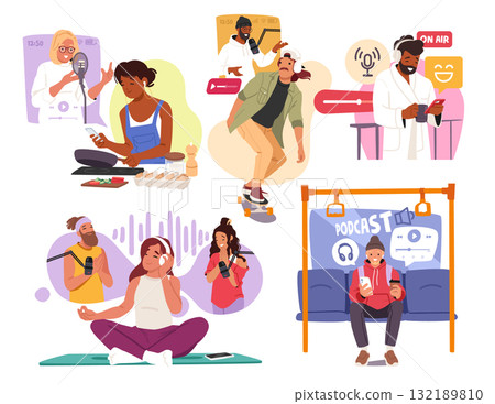 Diverse people characters enjoying listening audio podcast with headphones isolated cartoon set 132189810