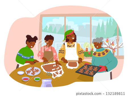 Grandmother, mother and children preparing Christmas gingerbread cookies at home kitchen scene 132189811