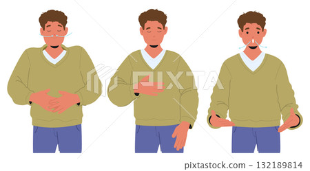 Man cartoon character showcasing therapeutic practice with breathing exercise easy-to-follow step 132189814