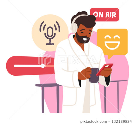 Bearded man cartoon character listening audio podcast in headphones while drinking morning coffee 132189824