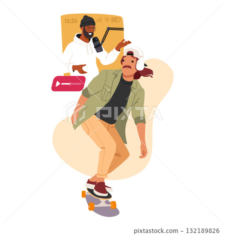 Hipster man skateboarder cartoon character listening audio podcast in headphones while skating 132189826