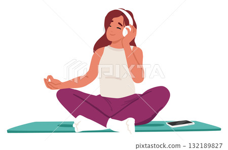Woman cartoon character practicing mindfulness exercise listening audio podcast in headphones 132189827