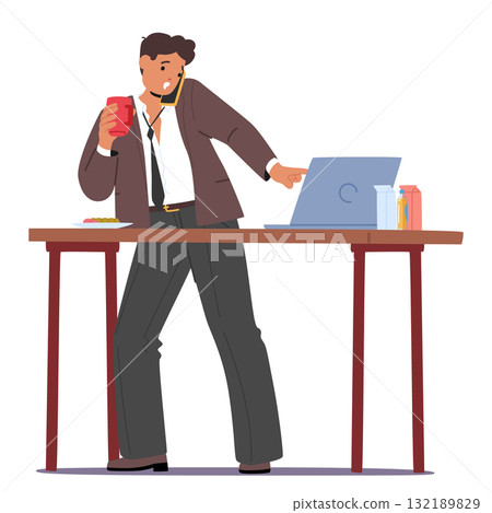 Businessman cartoon character eating on-the-go simultaneously working on laptop closing deadline 132189829