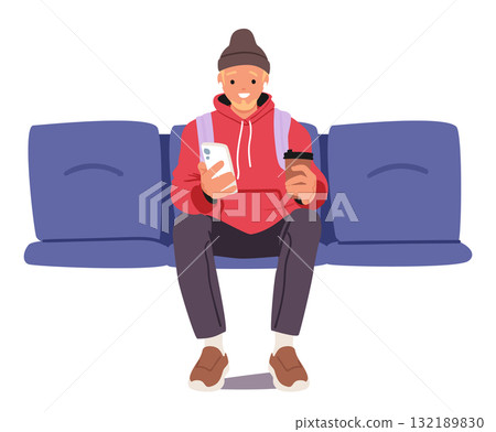 Man cartoon character in wireless earphones using smartphone listening audio podcast at bus stop 132189830