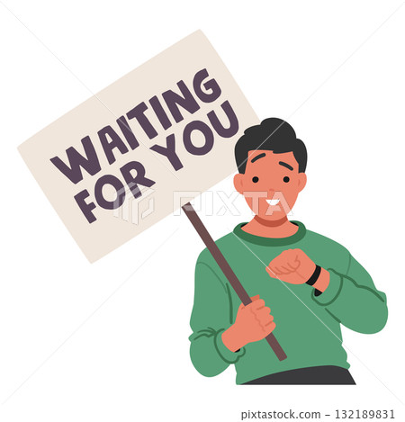 Man cartoon character checking time on wristwatch holding placard waiting for friend being late 132189831