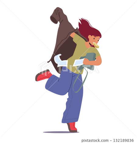 Teenage girl cartoon character rushing being late simultaneously eating and dressing on-the-go 132189836