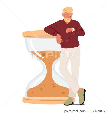 Man cartoon character checking time on wristwatch and waiting standing nearby giant hourglass Man cartoon character checking time on wristwatch and waiting standing nearby giant hourglass 132189837