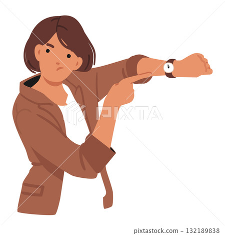 Angry woman cartoon character frowning and grimacing face pointing at wristwatch isolated on white 132189838