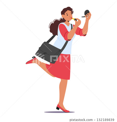 Businesswoman cartoon character doing makeup on-the-go rushing being late on meeting in morning Businesswoman cartoon character doing makeup on-the-go rushing being late on meeting in morning 132189839