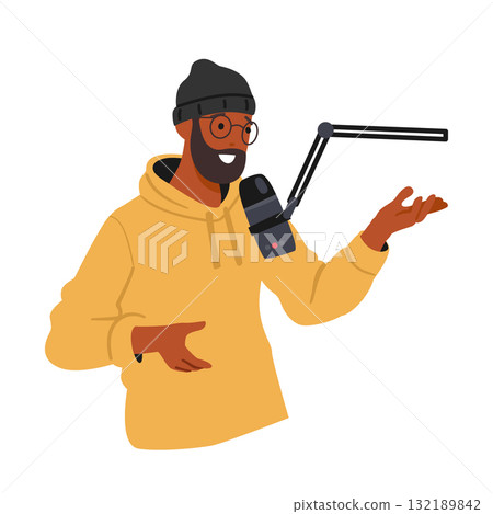 Hipster man cartoon character speaking into studio microphone recording live audio podcast 132189842
