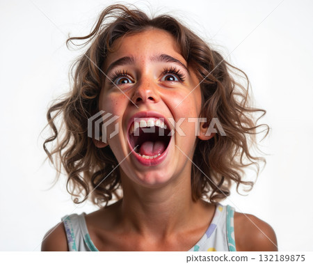 Excited young girl with open mouth and wide eyes. Excited young girl with open mouth and wide eyes. 132189875