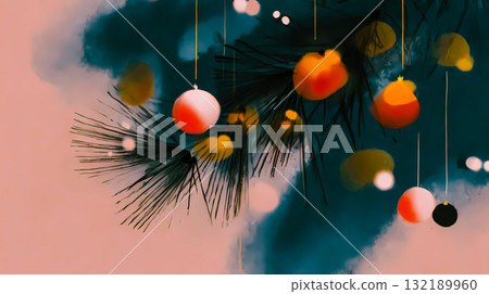 Abstract Christmas ornaments on a pine tree branch. An abstract painting of New Year ornaments hanging against a backdrop of colorful brushstrokes scene. Winter decor. This is AI-generated item Abstract Christmas ornaments on a pine tree branch. An abstract painting of New Year ornaments hanging against a backdrop of colorful brushstrokes scene. Winter decor. This is AI-generated item 132189960