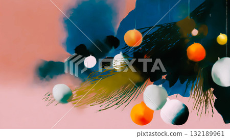 Christmas ornaments on a pine tree branch. An abstract painting of New Year ornaments hanging against a backdrop of colorful brushstrokes, creating a festive winter decor. This is AI-generated item. 132189961