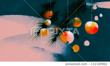 Abstract Christmas ornaments on a pine tree branch. An abstract painting of New Year ornaments hanging against a backdrop of colorful brushstrokes, creating a festive scene This is AI-generated item 132189962