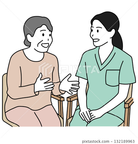 Care support illustration of a conversation between a caregiver and an elderly woman 132189963