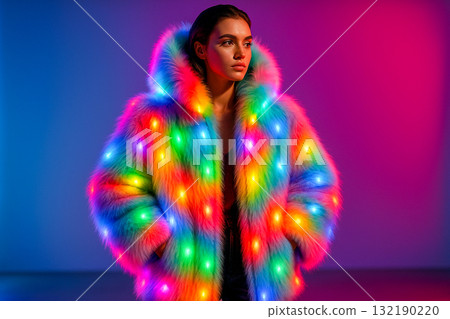 Vibrant Neon Rainbow Faux Fur Coat in Futuristic Fashion Lighting 132190220
