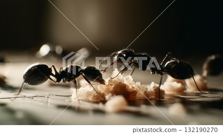 Close-Up of Ants Foraging Around Crumbs on Smooth Surface 132190270