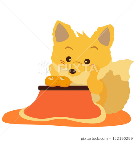 Illustration of a stuffed fox sitting in a kotatsu, lost in thought 132190299