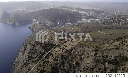 Aerial view flying over balaklava bay coastline. Media Aerial view flying over balaklava bay coastline. Media 132190325