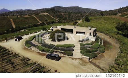 Aerial view of modern winery and vineyard landscape Aerial view of modern winery and vineyard landscape 132190542