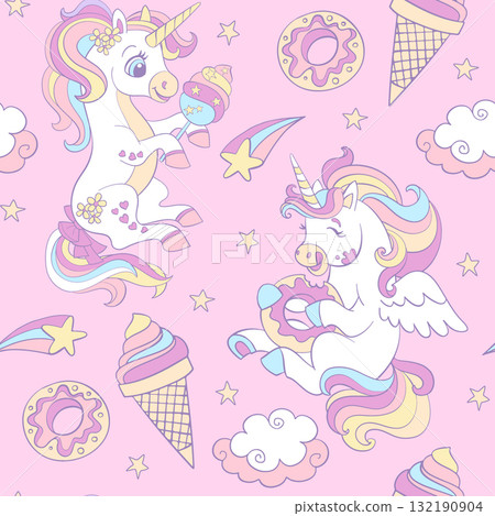 Seamless pattern with unicorns and sweets vector illustration 132190904