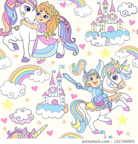 Kids with unicorns in soft color seamless pattern vector 132190905