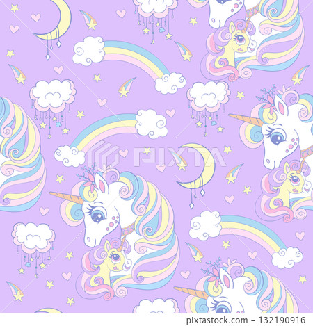Mom and baby unicorns in soft color seamless pattern vector 132190916
