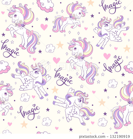 Seamless pattern with cute lovely unicorns vector illustration 132190919
