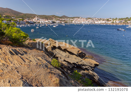 View of Santa Maria church and bay in Cadaques Spain View of Santa Maria church and bay in Cadaques Spain 132191078