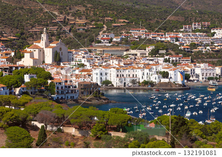 View of Santa Maria church and bay in Cadaques Spain 132191081
