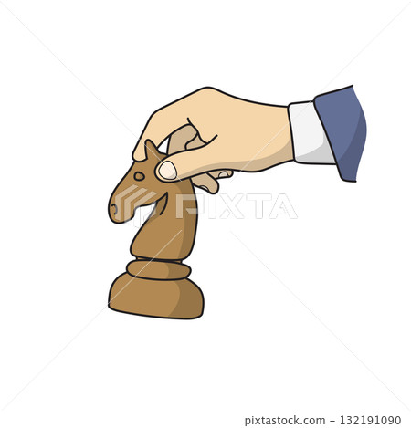 closeup hand of businessman holding chess knight piece illustration vector hand drawn with black lines closeup hand of businessman holding chess knight piece illustration vector hand drawn with black lines 132191090