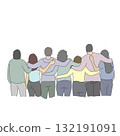seven people huddle together in back view illustration vector hand drawn with black lines 132191091