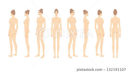 Vector illustration of a 9 head woman, displaying multiple angles including front, side, and back. Perfect for fashion 132191107