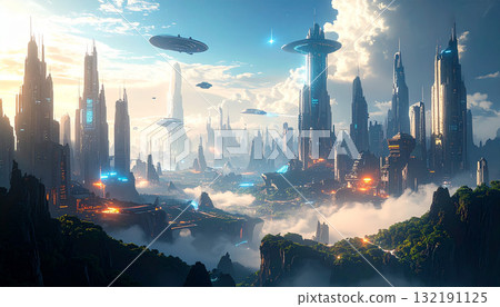 Skyscrapers and floating vehicles in a futuristic city 132191125
