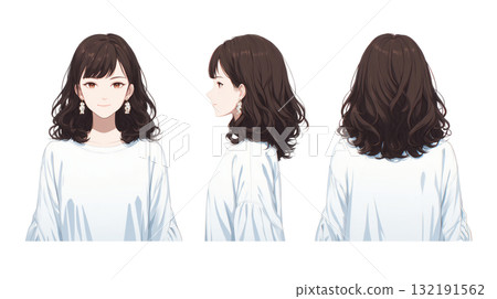 Women's hairstyle: front, side, and back cut Women's hairstyle: front, side, and back cut 132191562