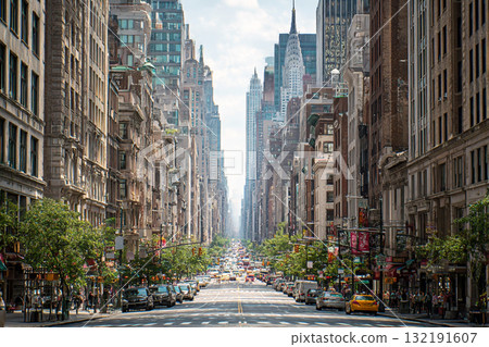 Historic European Style Architecture Lining Bustling Urban Street in Modern Downtown 132191607