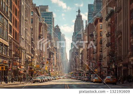 Historic European Style Architecture Lining Bustling Urban Street in Modern Downtown Historic European Style Architecture Lining Bustling Urban Street in Modern Downtown 132191609