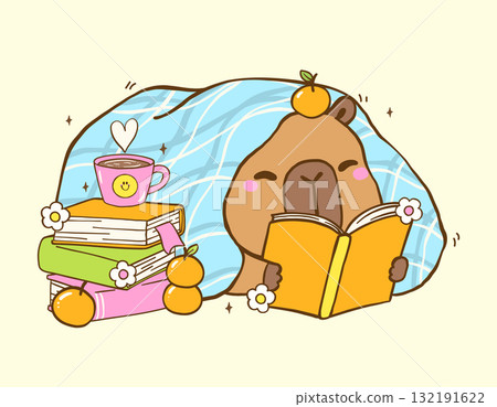 Cute Capybara Reading Book TBR Vibe under cozy blanket with Stack books, Animal Bookish Cartoon Hand Drawn Illustration Cute Capybara Reading Book TBR Vibe under cozy blanket with Stack books, Animal Bookish Cartoon Hand Drawn Illustration 132191622