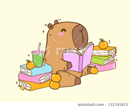 Cute Capybara Reading Book TBR Vibe with Stack books, Animal Bookish Cartoon Hand Drawn Illustration Cute Capybara Reading Book TBR Vibe with Stack books, Animal Bookish Cartoon Hand Drawn Illustration 132191623